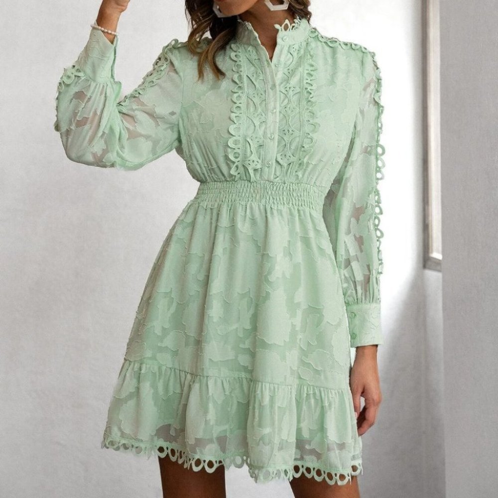 Plus & Reg Size mint green Lace Panel Long sleeve Shirred Waist Ruffle Hem Dress - Picture 3 of 7
